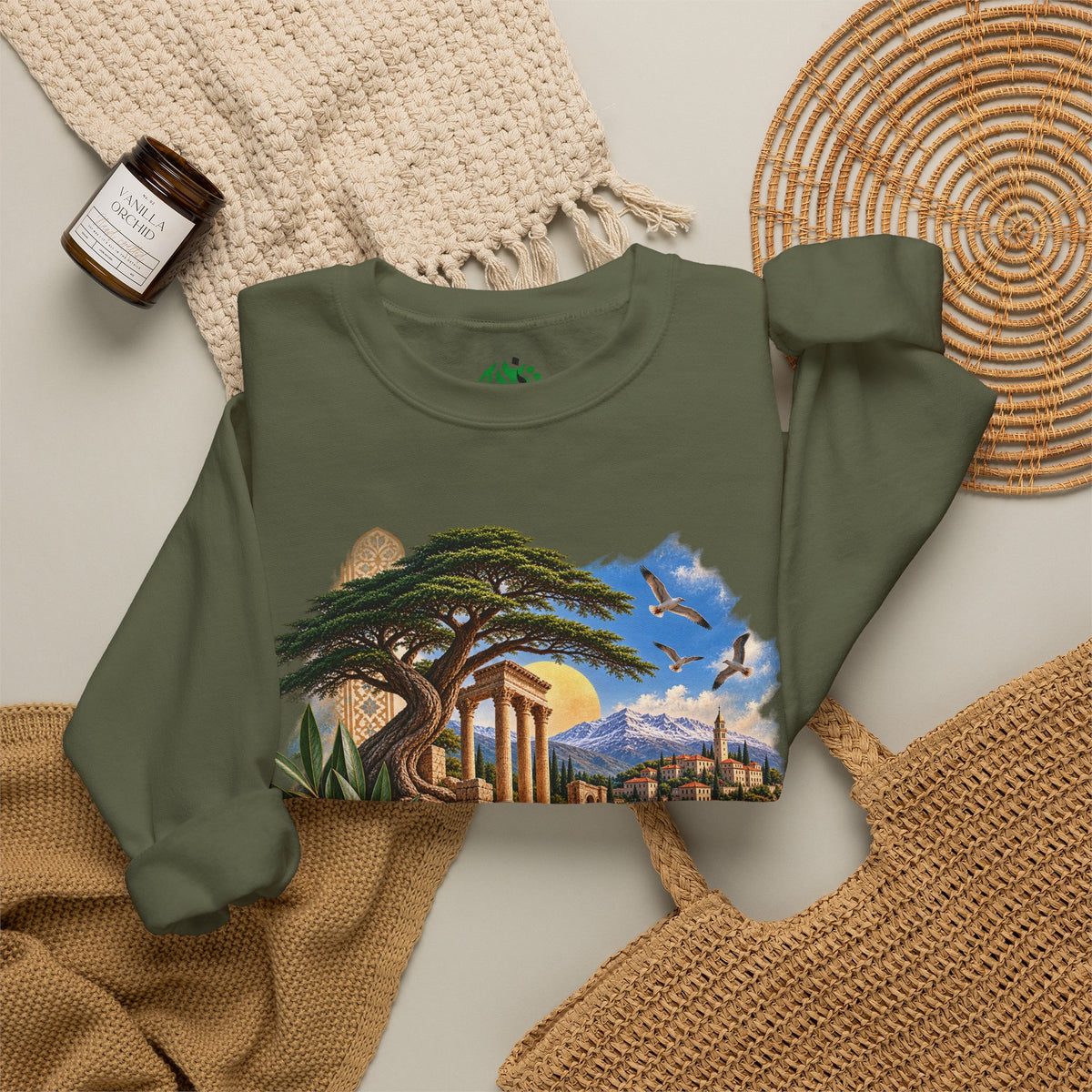Levant Vintage Ruins Crewneck Sweatshirt | Arabic Calligraphy Landscape