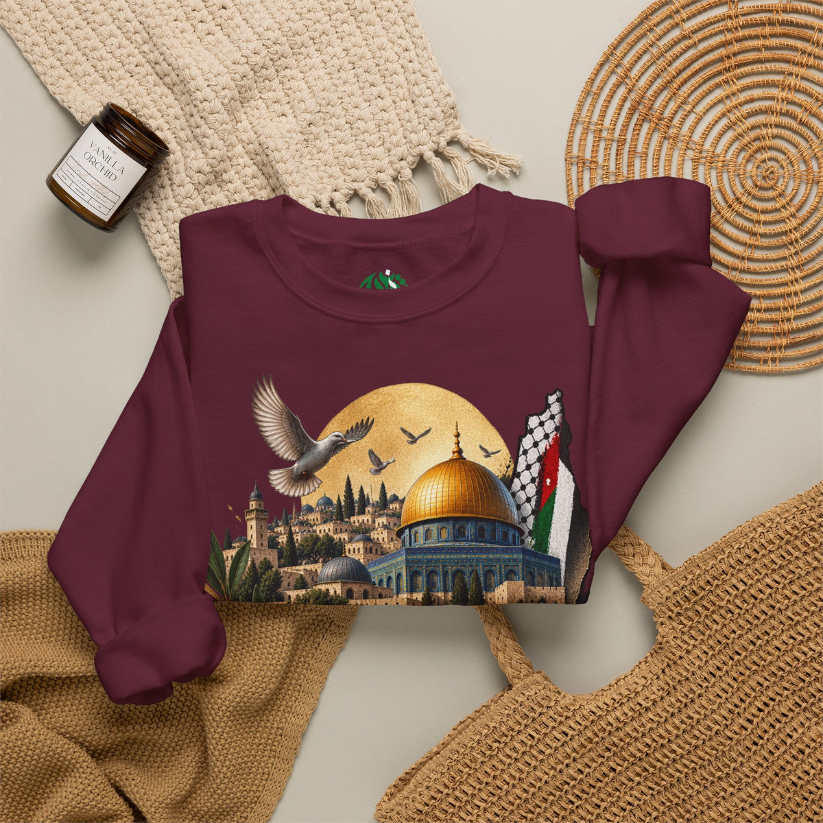 Sweat-shirt illustré du Dôme du Rocher à Jérusalem | Calligraphie arabe, drapeau palestinien