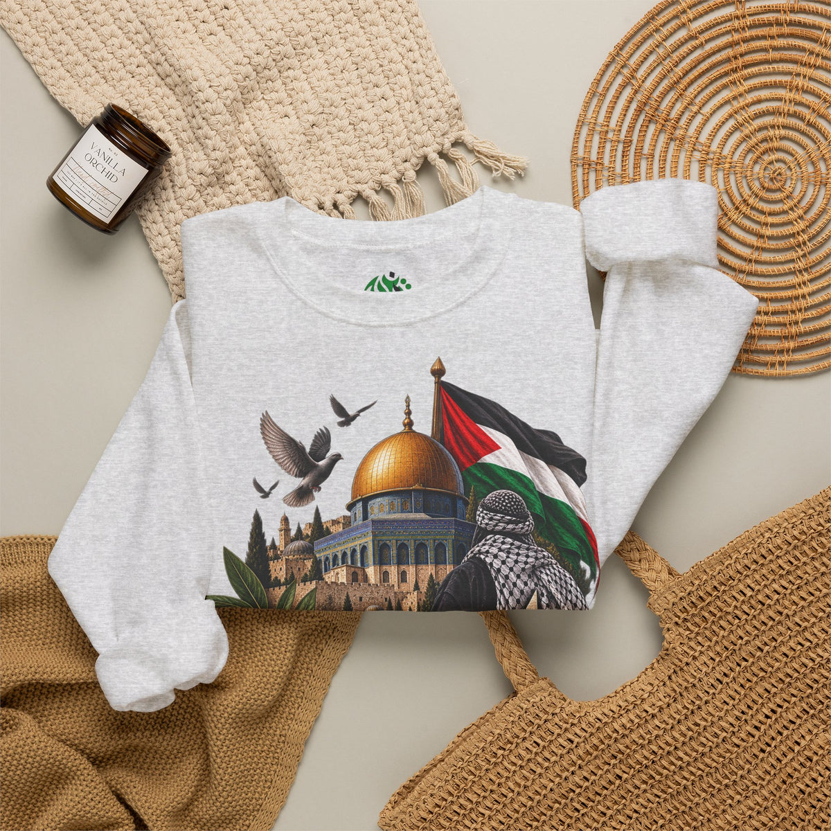 Palestine Dome of the Rock Sweatshirt — Solidarity Crewneck with Keffiyeh & Olive Branch Design