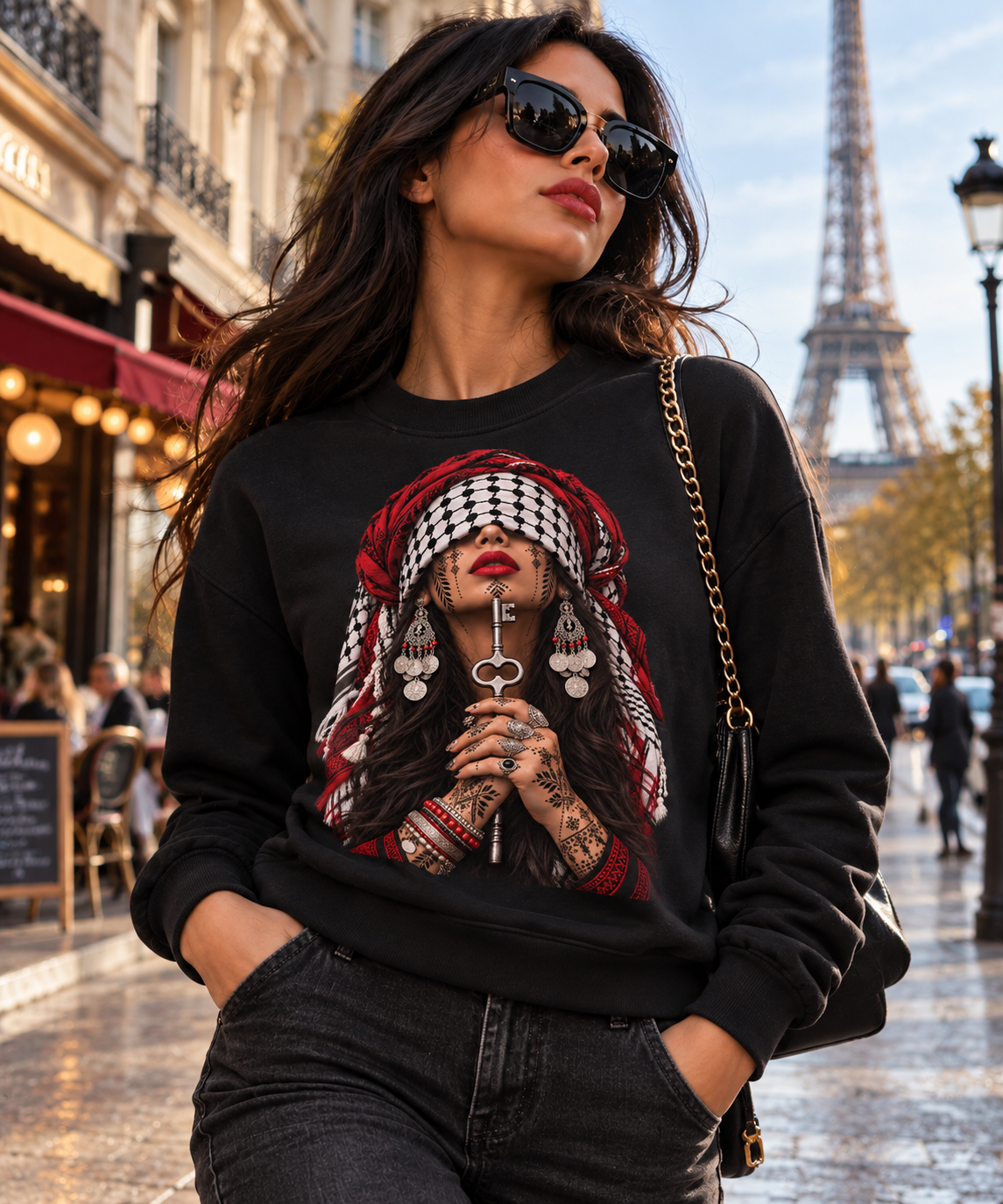 Palestinian Keffiyeh Woman Graphic Sweatshirt — Resilience Portrait Crewneck