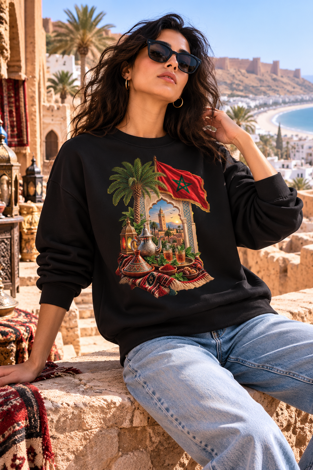 Moroccan Medley Crewneck Sweatshirt — Moroccan Flag & Desert Scene