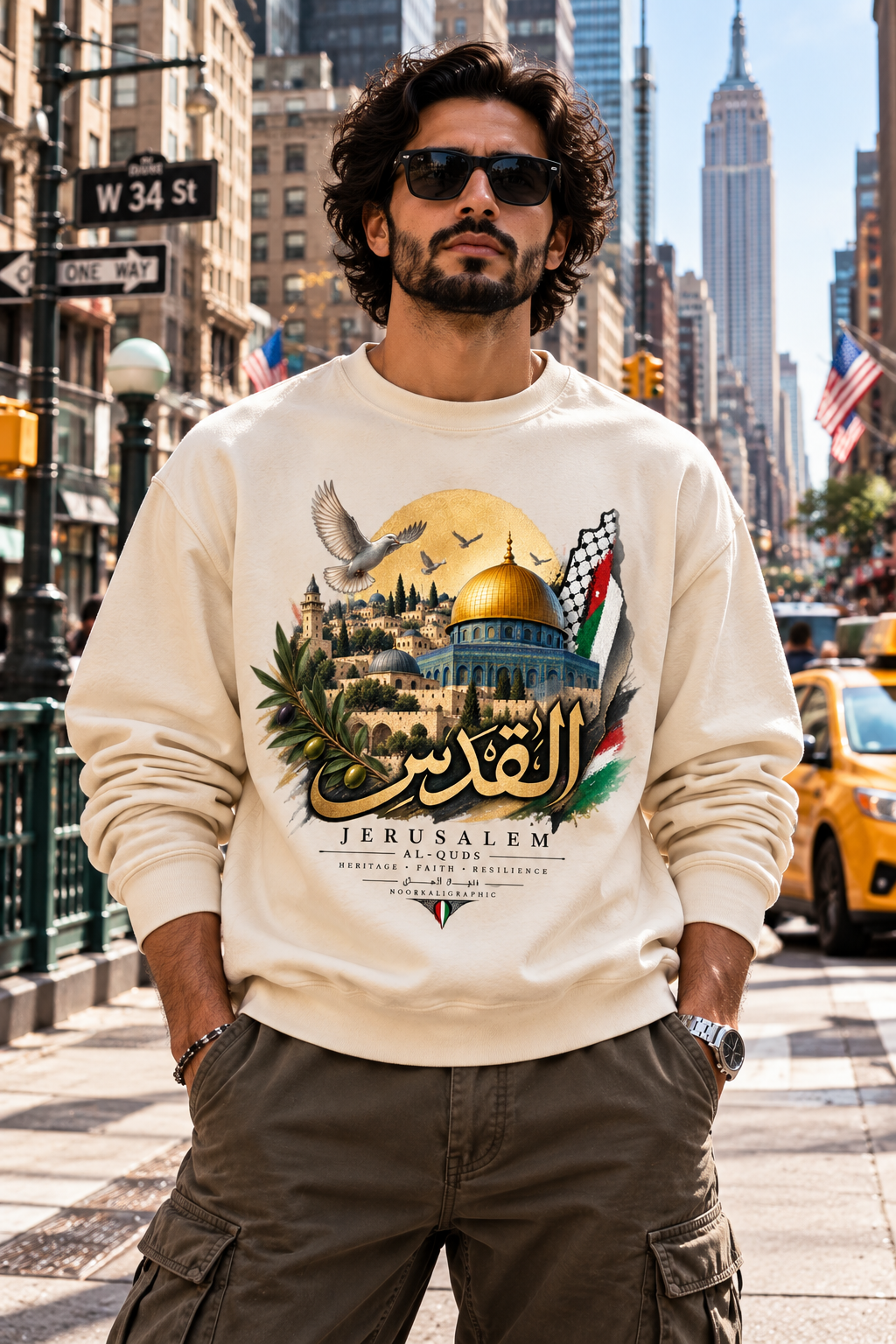Al-Quds القدس calligraphie arabe sweatshirt sable — Dôme du Rocher, Palestine, Jérusalem | NoorKaligraphic