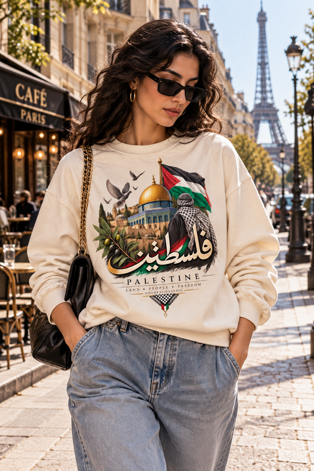 Palestine فلسطين calligraphie arabe sweatshirt sable — Dôme du Rocher, keffieh, Paris | NoorKaligraphic