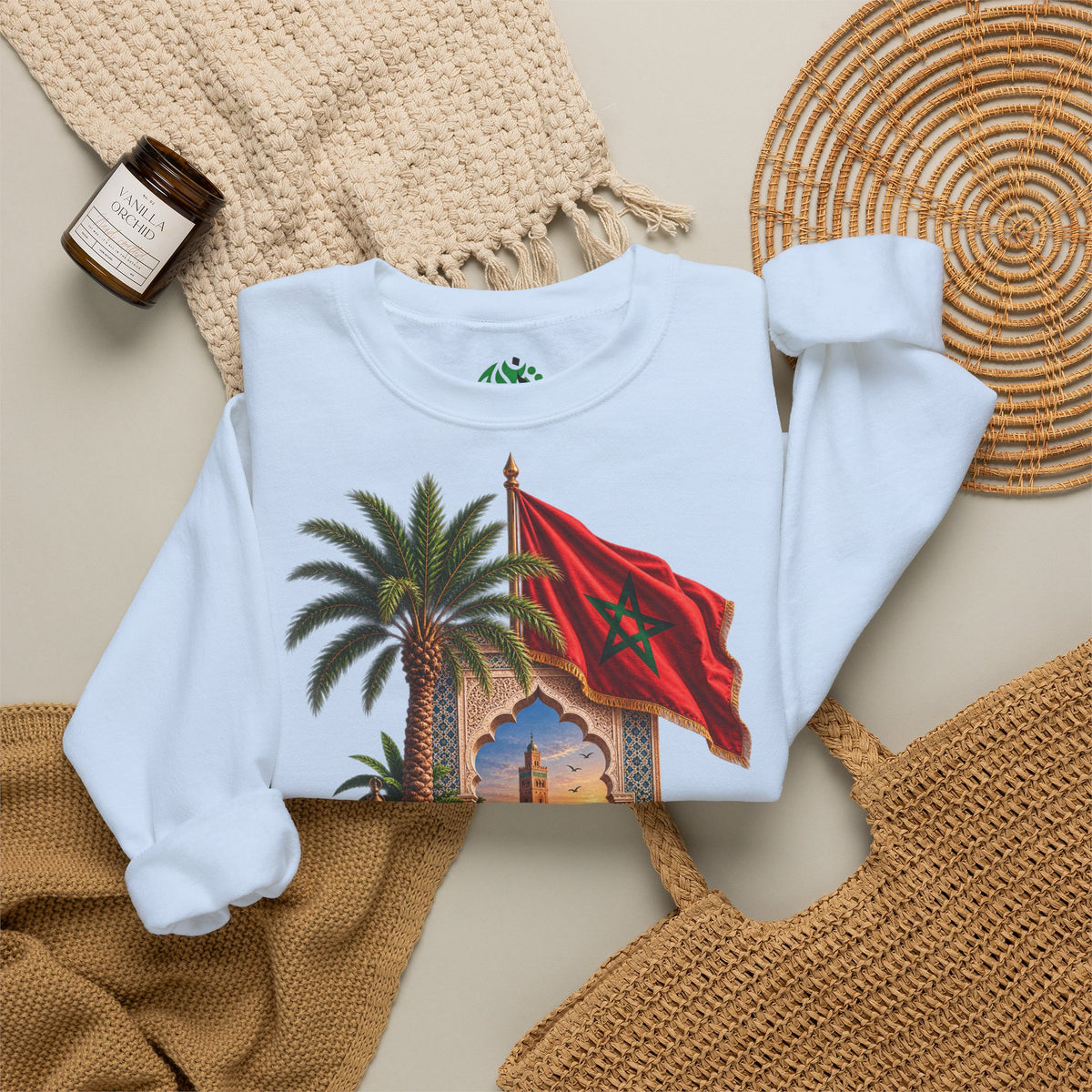 Moroccan Medley Crewneck Sweatshirt — Moroccan Flag & Desert Scene