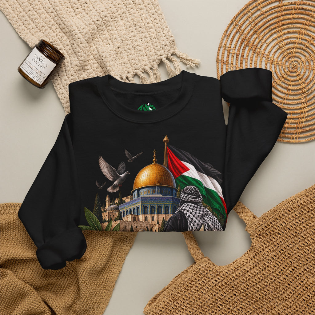 Palestine Dome of the Rock Sweatshirt — Solidarity Crewneck with Keffiyeh & Olive Branch Design