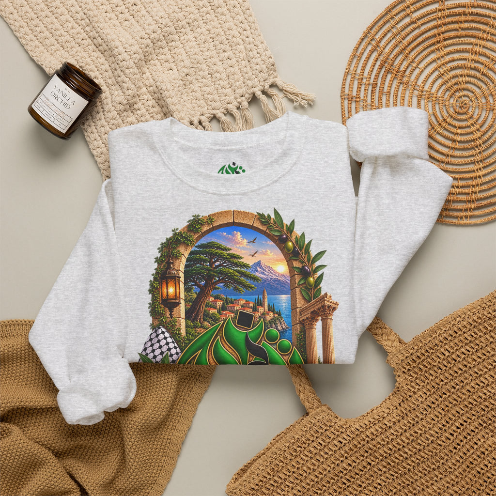 Levant Arabic Calligraphy Crewneck Sweatshirt | Scenic Mediterranean Artwork