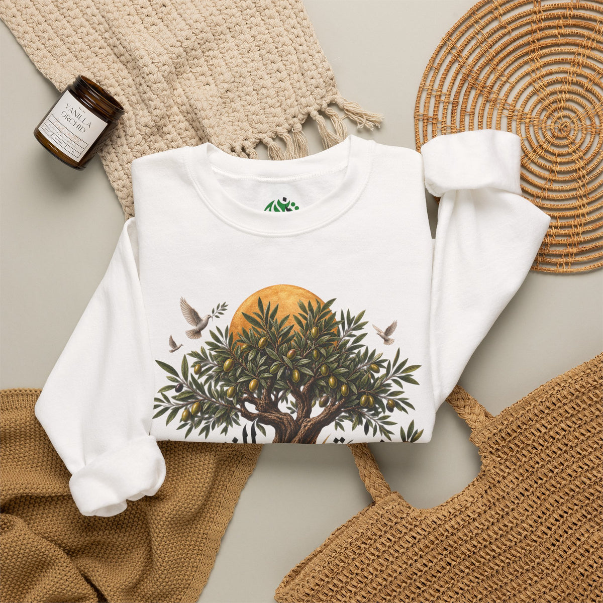 Olive Tree Illustration Sweatshirt | Palestine Calligraphy, Sun and Birds