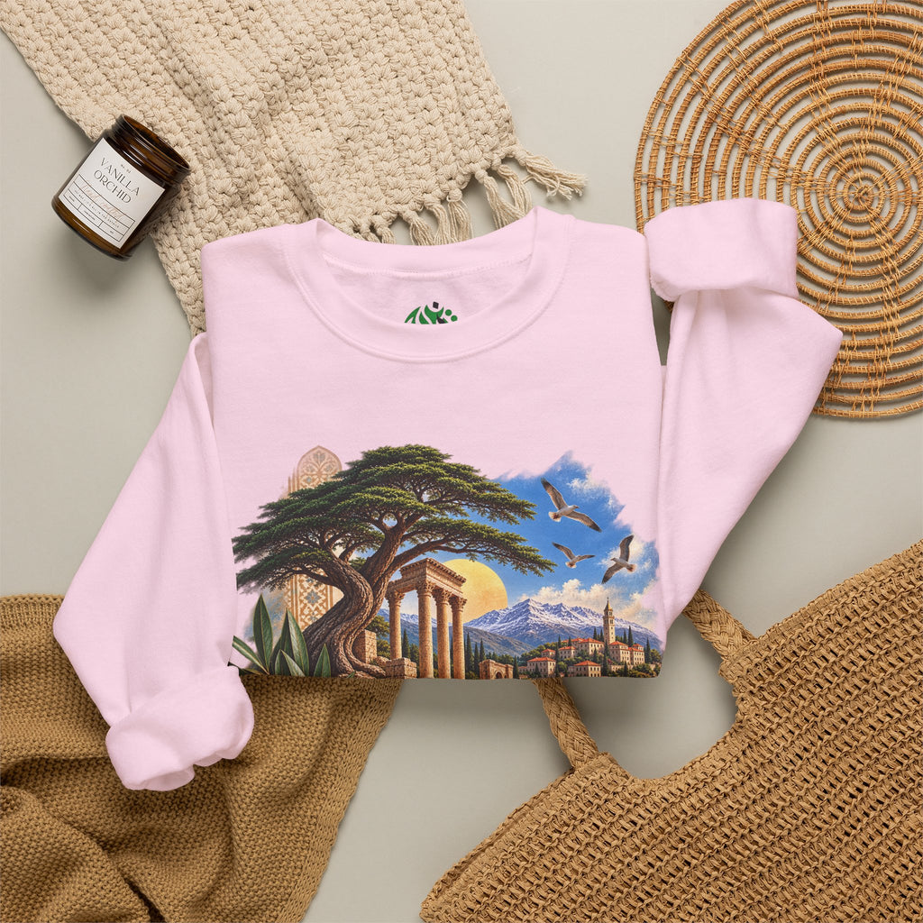 Levant Vintage Ruins Crewneck Sweatshirt | Arabic Calligraphy Landscape