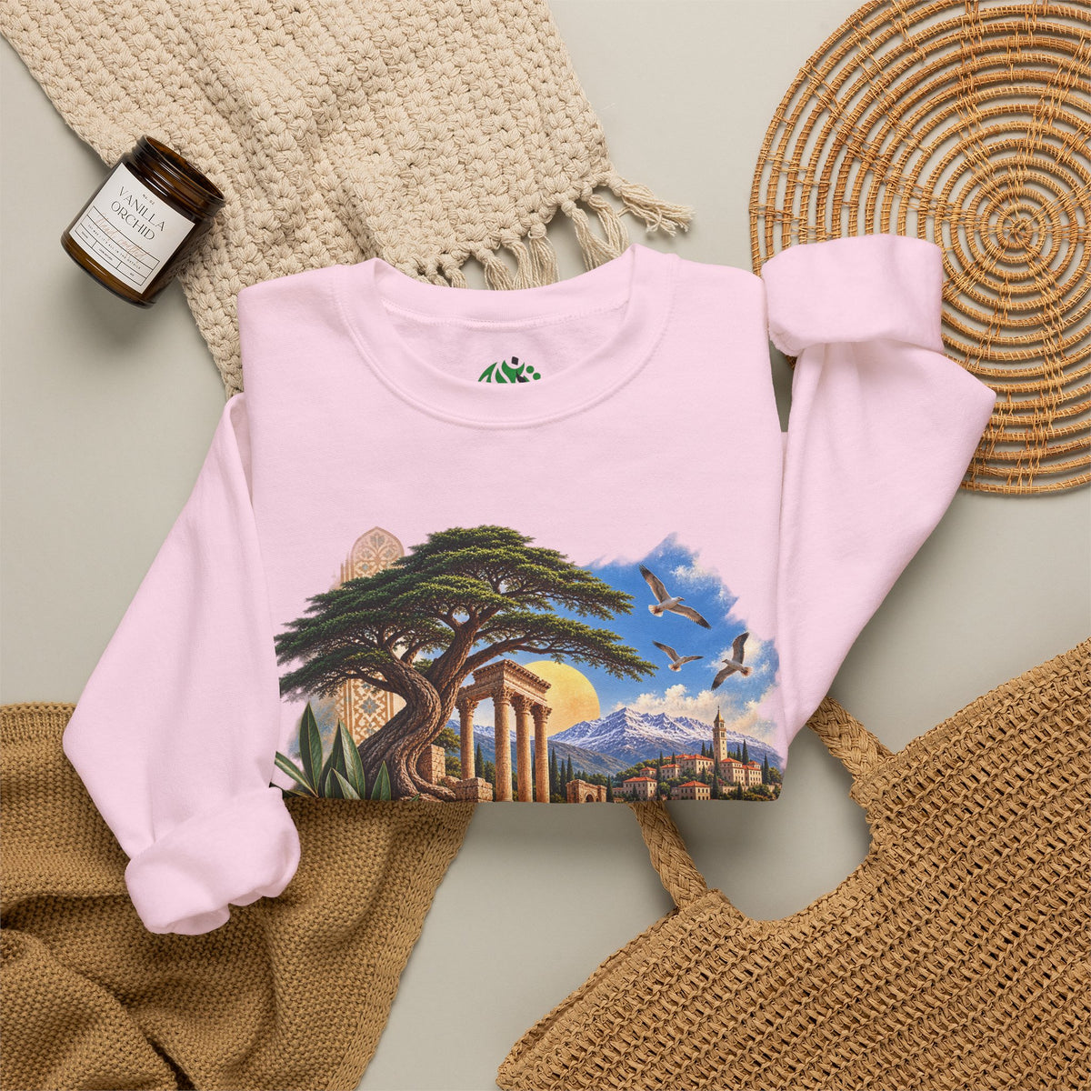 Levant Vintage Ruins Crewneck Sweatshirt | Arabic Calligraphy Landscape