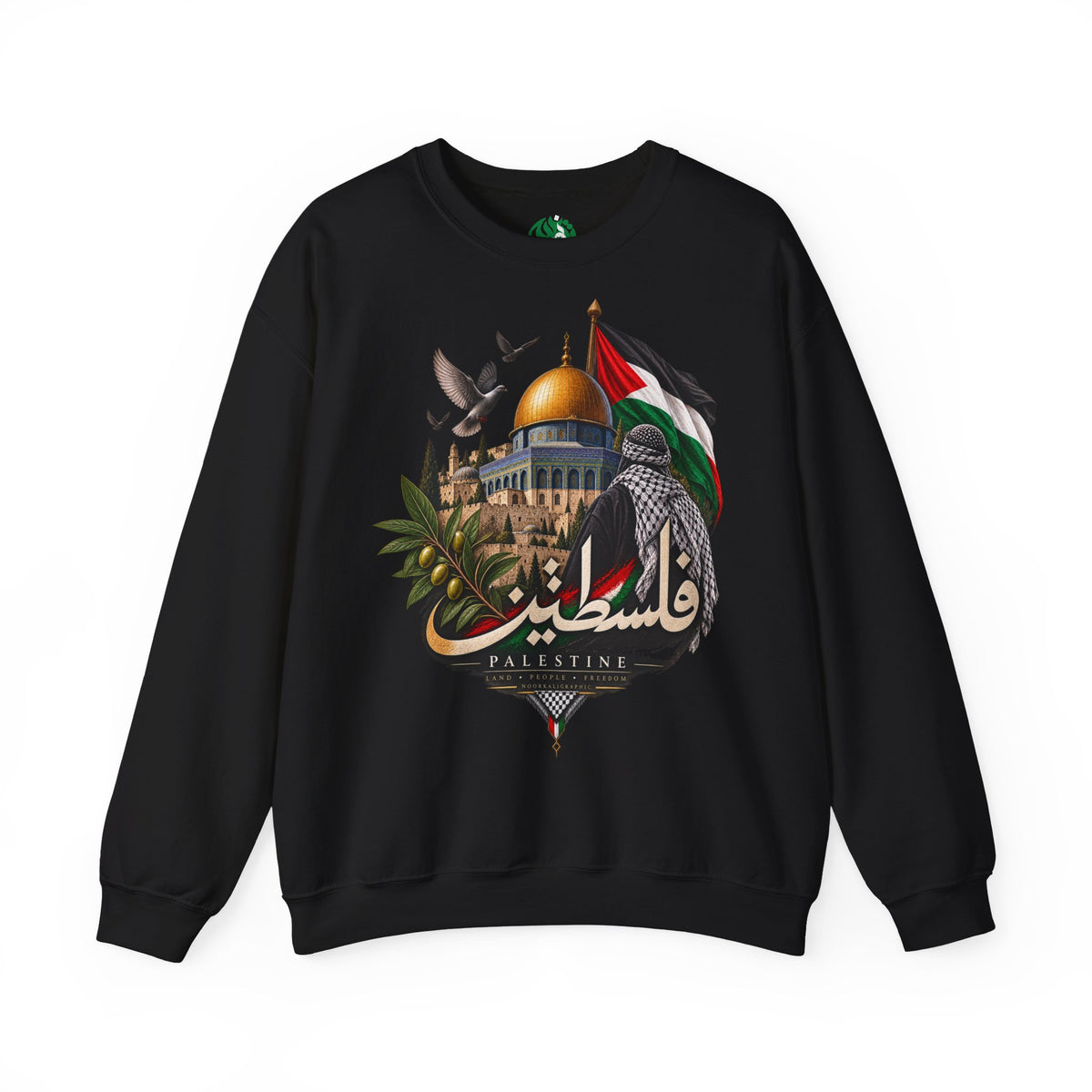 Palestine Dome of the Rock Sweatshirt — Solidarity Crewneck with Keffiyeh & Olive Branch Design