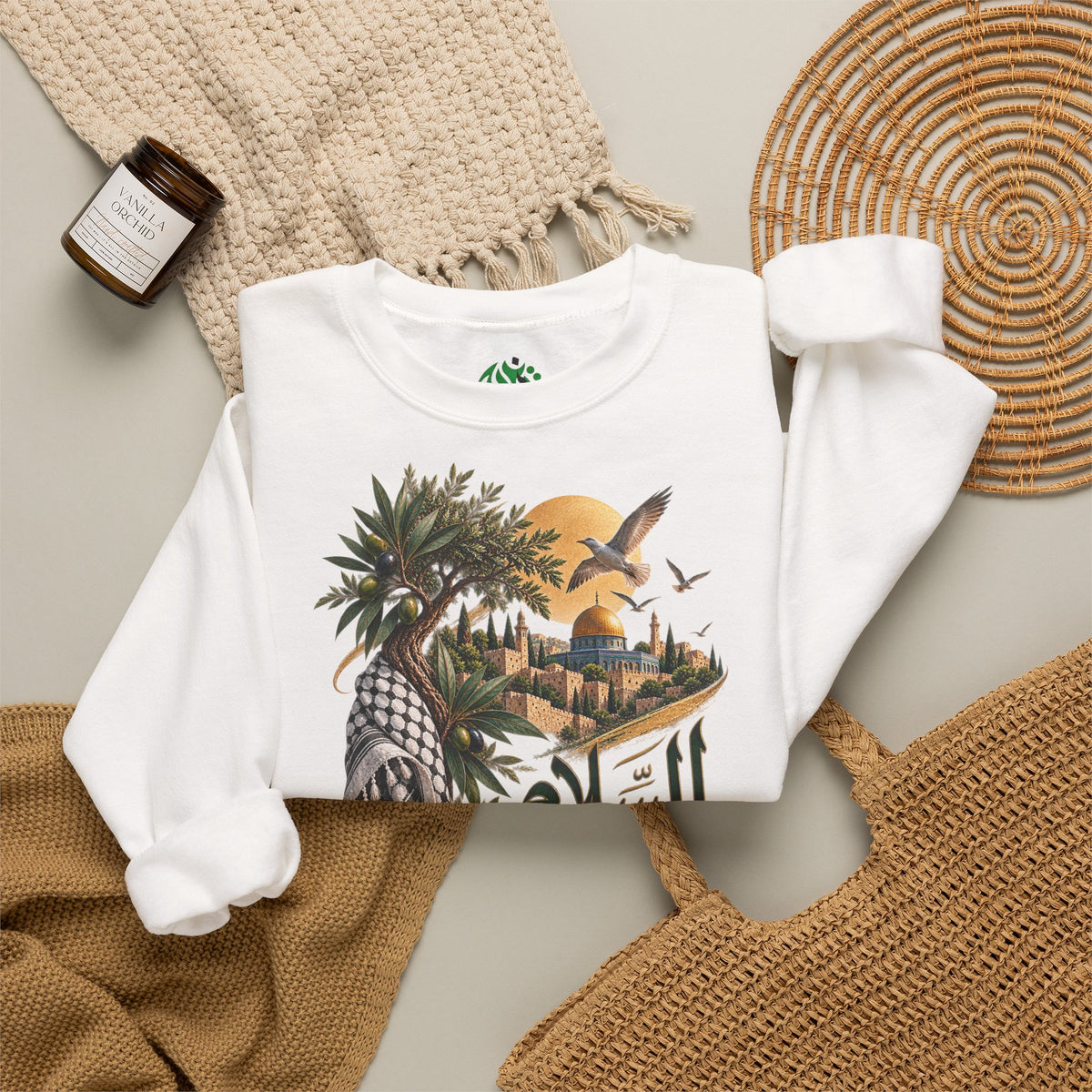 Arabic Palm Oasis Graphic Sweatshirt — "السلام" Poésie Crewneck