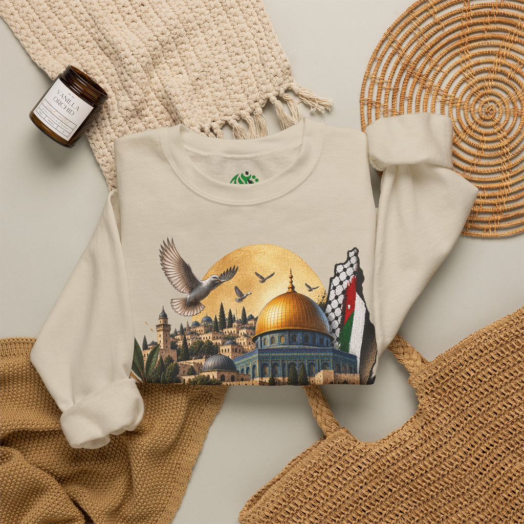 Sweat-shirt illustré du Dôme du Rocher à Jérusalem | Calligraphie arabe, drapeau palestinien