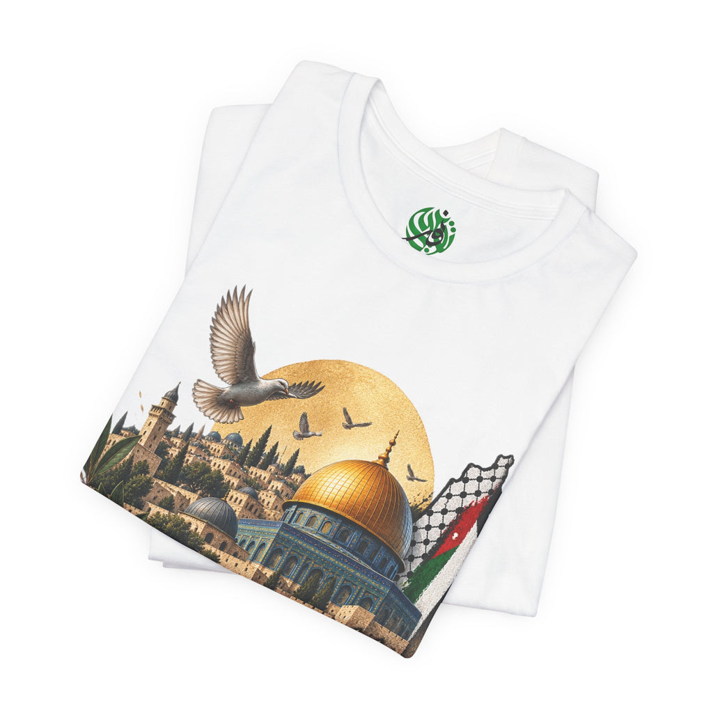 Jerusalem Dome of the Rock T-shirt | Arabic Script, Palestinian Flag, Dove