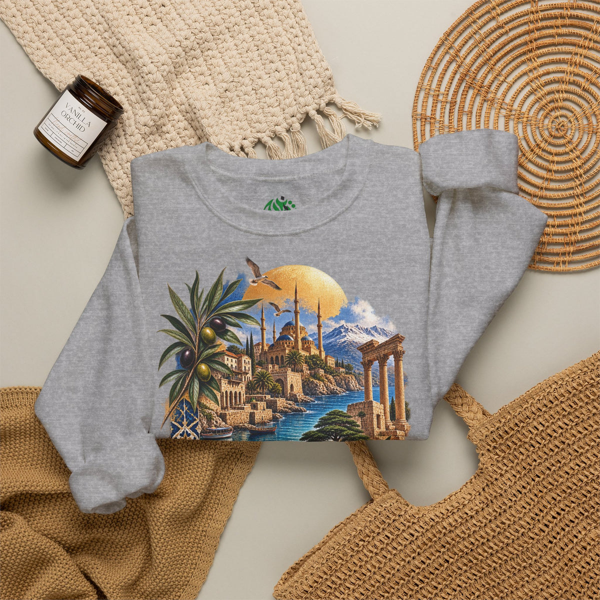 Levant vintage coastal illustration sweatshirt | Arabic script seaside scene