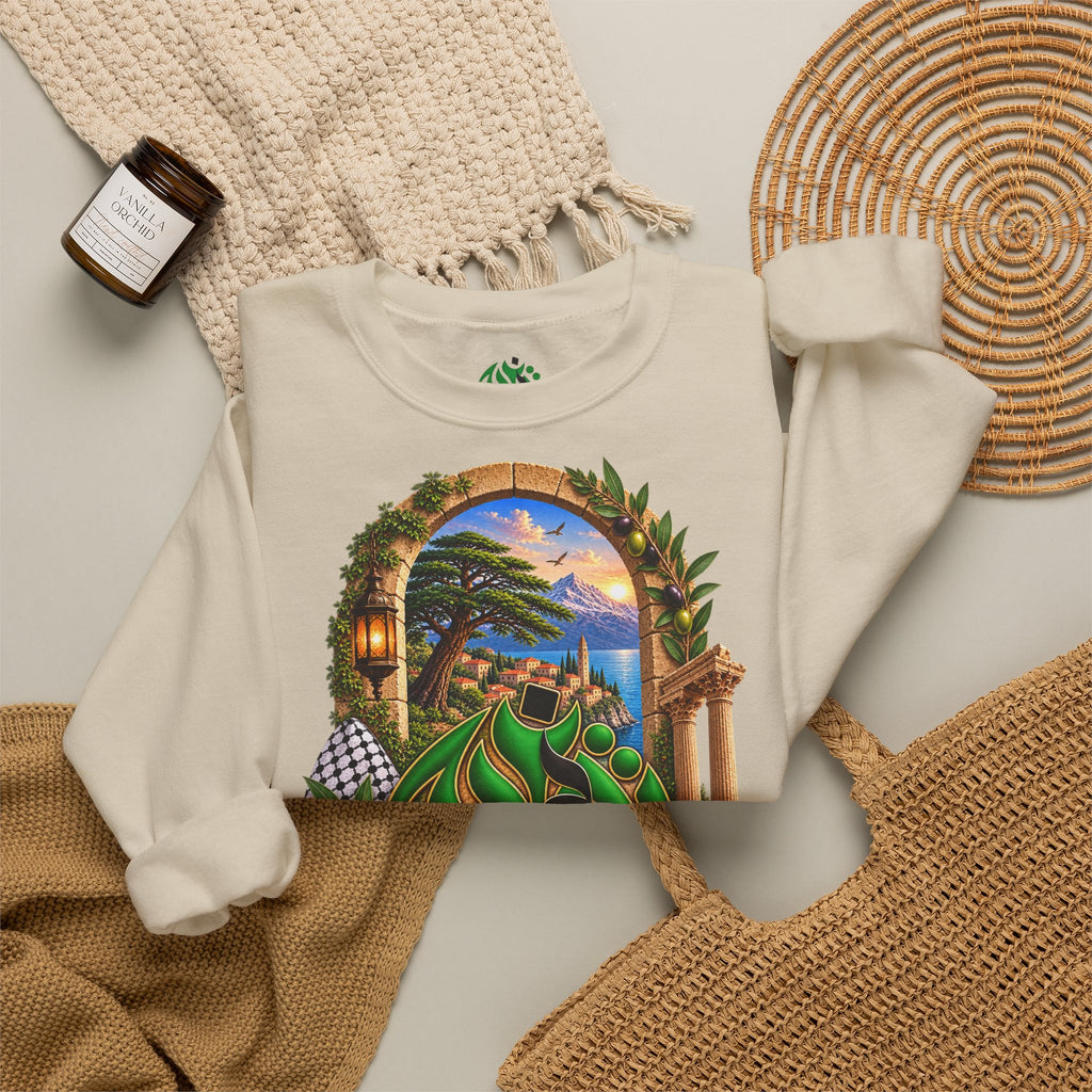 Levant Arabic Calligraphy Crewneck Sweatshirt | Scenic Mediterranean Artwork