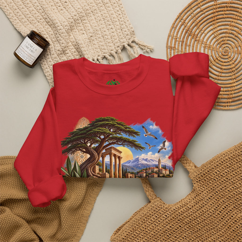 Levant Vintage Ruins Crewneck Sweatshirt | Arabic Calligraphy Landscape