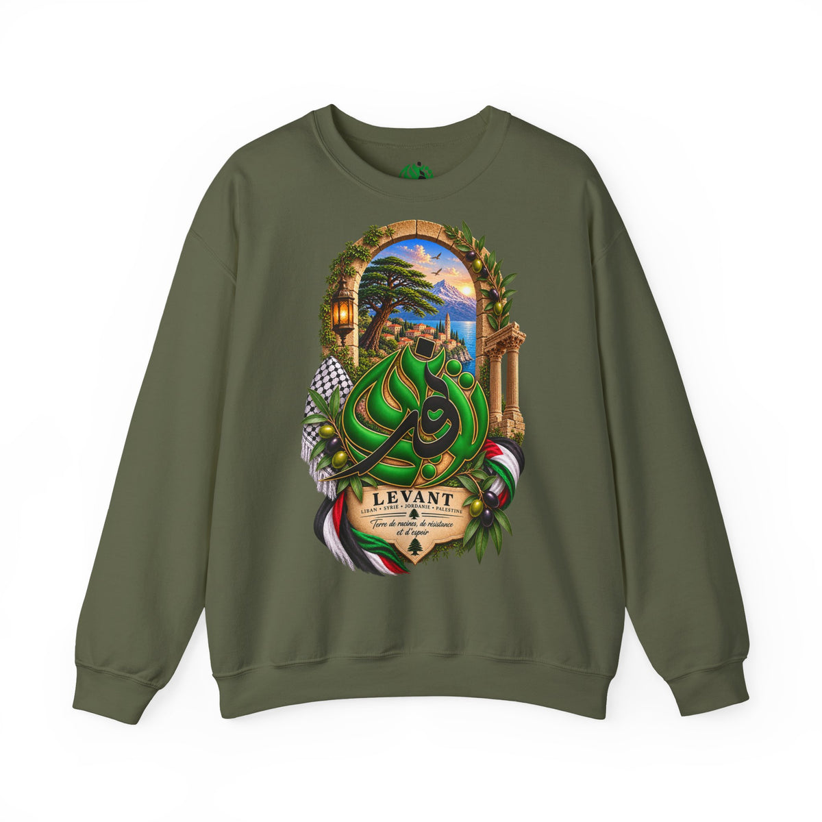 Levant Arabic Calligraphy Crewneck Sweatshirt | Scenic Mediterranean Artwork