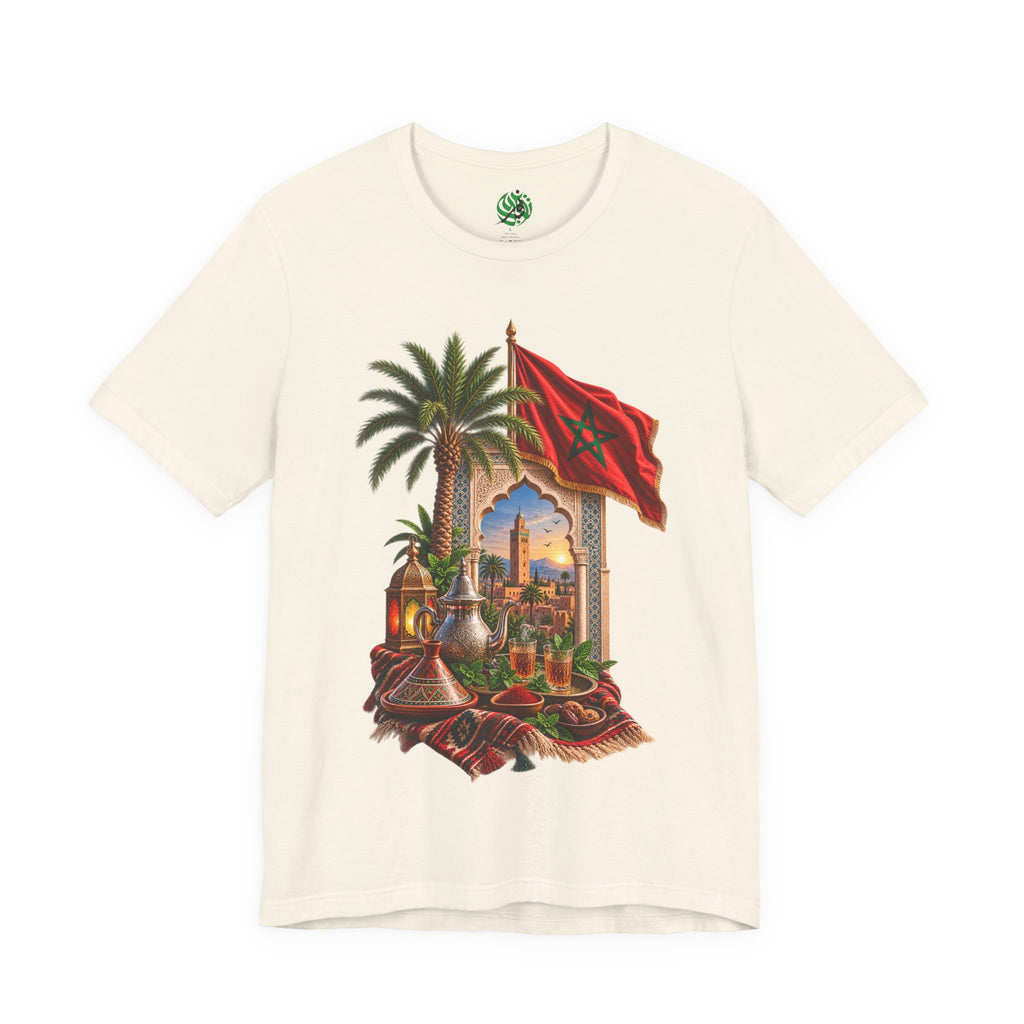Moroccan Flag Medina Scene T-Shirt | Palm Tree, Lanterns, Tea Set