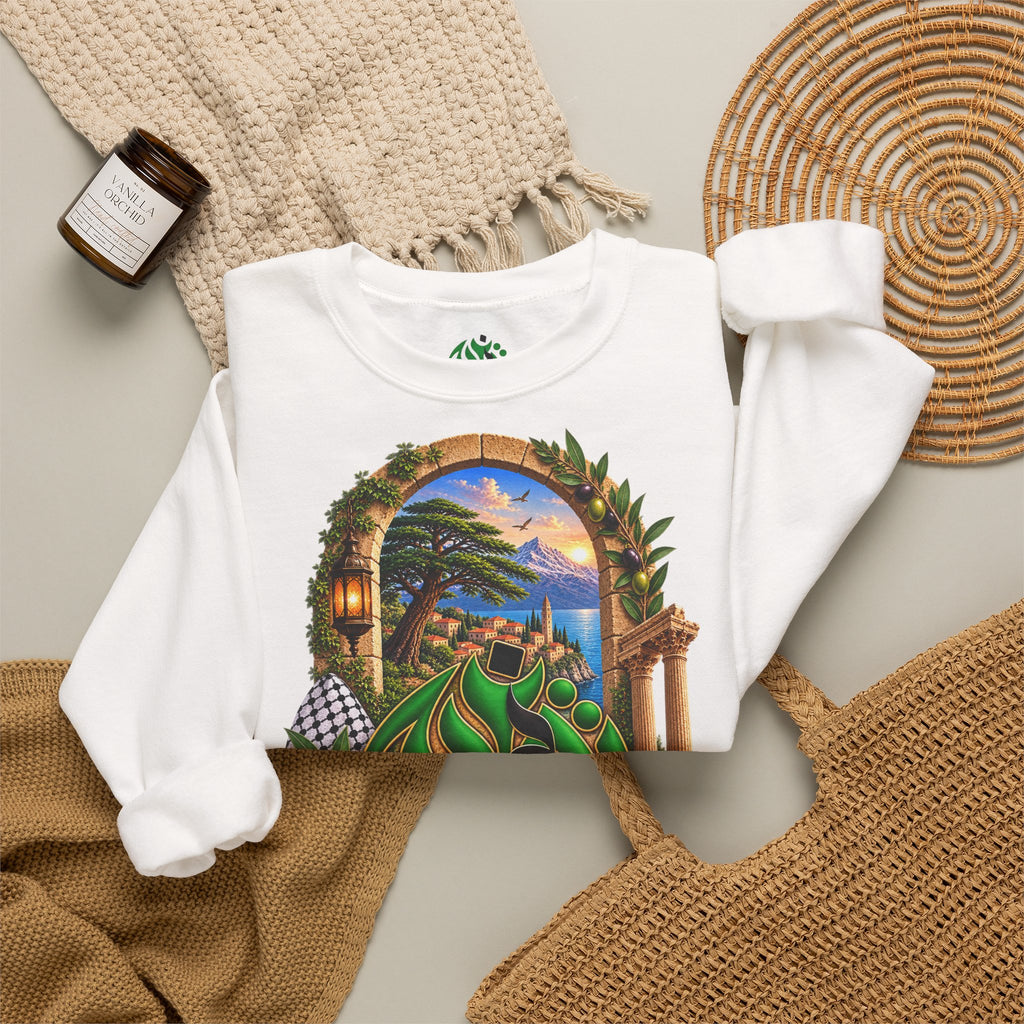 Levant Arabic Calligraphy Crewneck Sweatshirt | Scenic Mediterranean Artwork