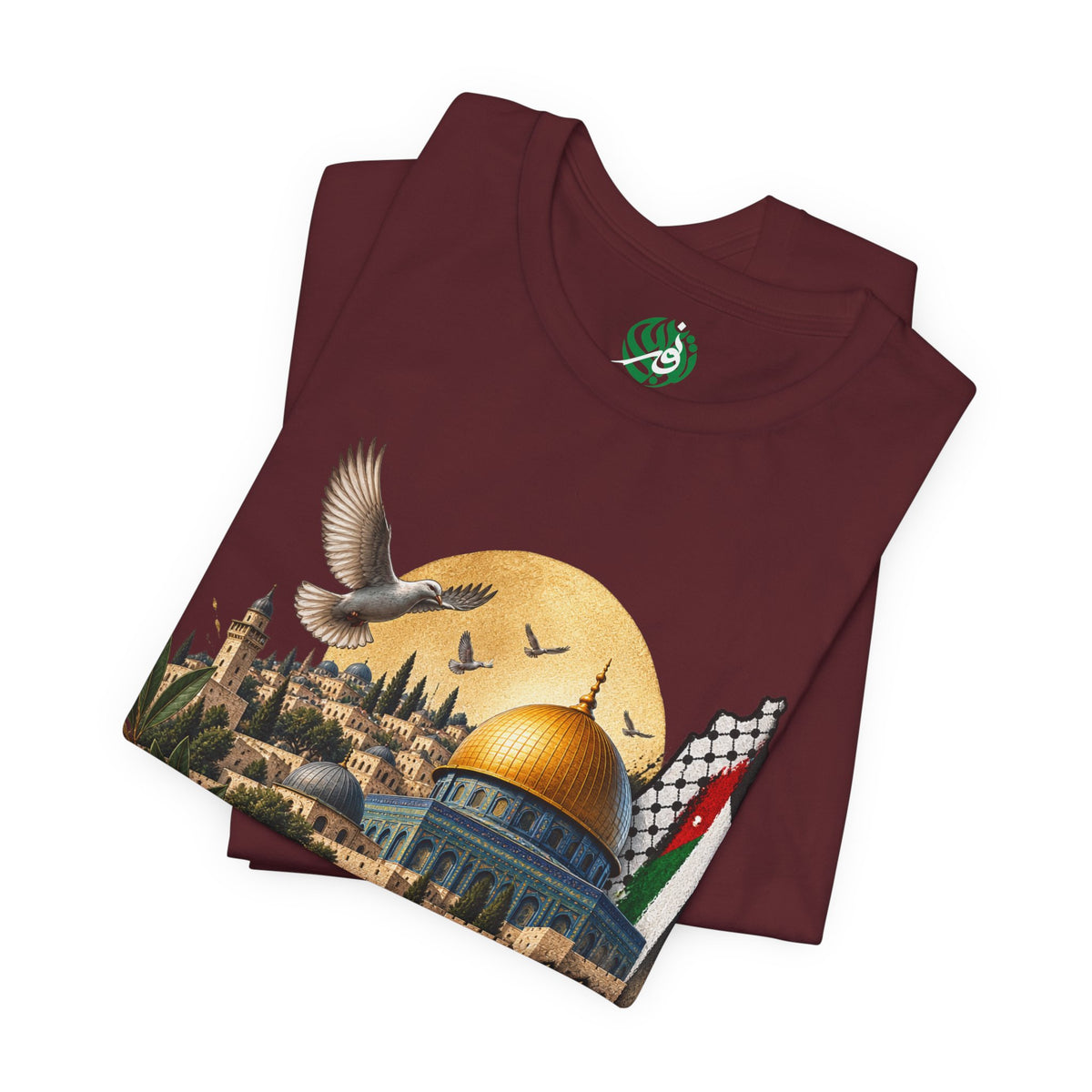 Jerusalem Dome of the Rock T-shirt | Arabic Script, Palestinian Flag, Dove