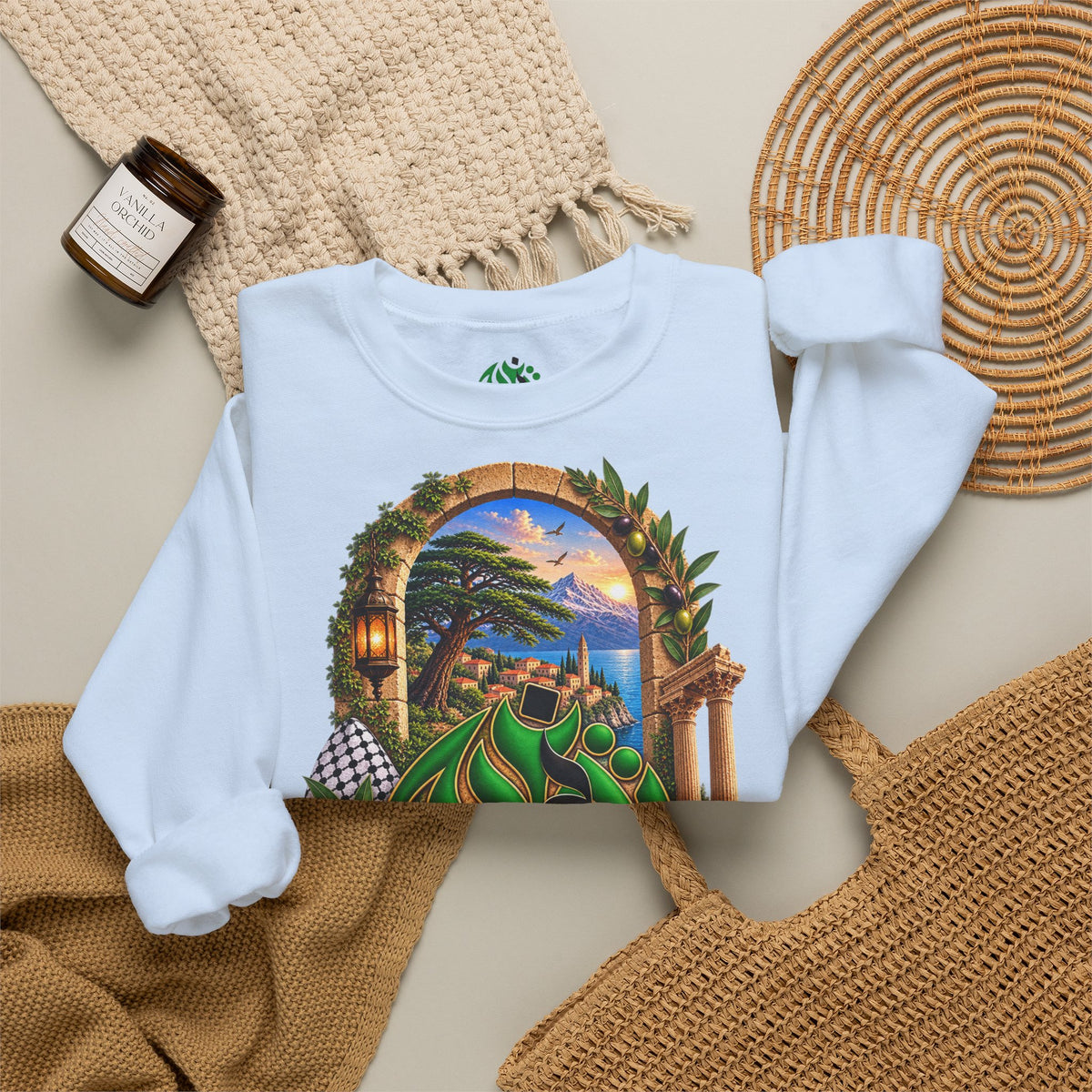 Levant Arabic Calligraphy Crewneck Sweatshirt | Scenic Mediterranean Artwork