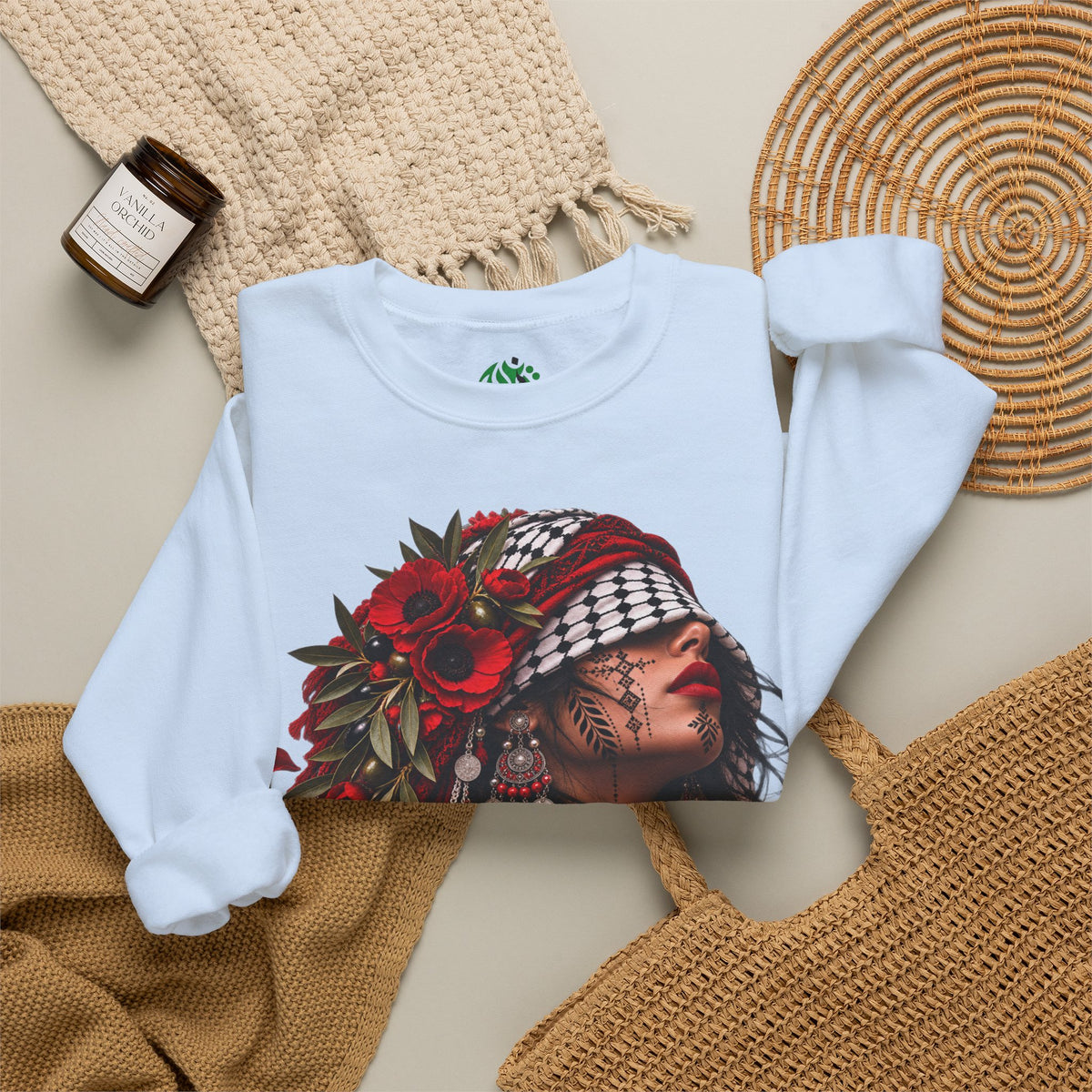 Native Floral Portrait Sweatshirt — Woman in Headdress Graphic Crewneck