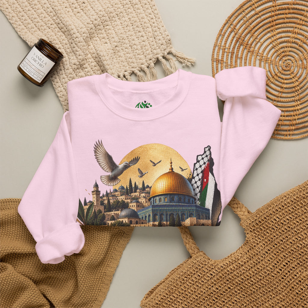 Sweat-shirt illustré du Dôme du Rocher à Jérusalem | Calligraphie arabe, drapeau palestinien