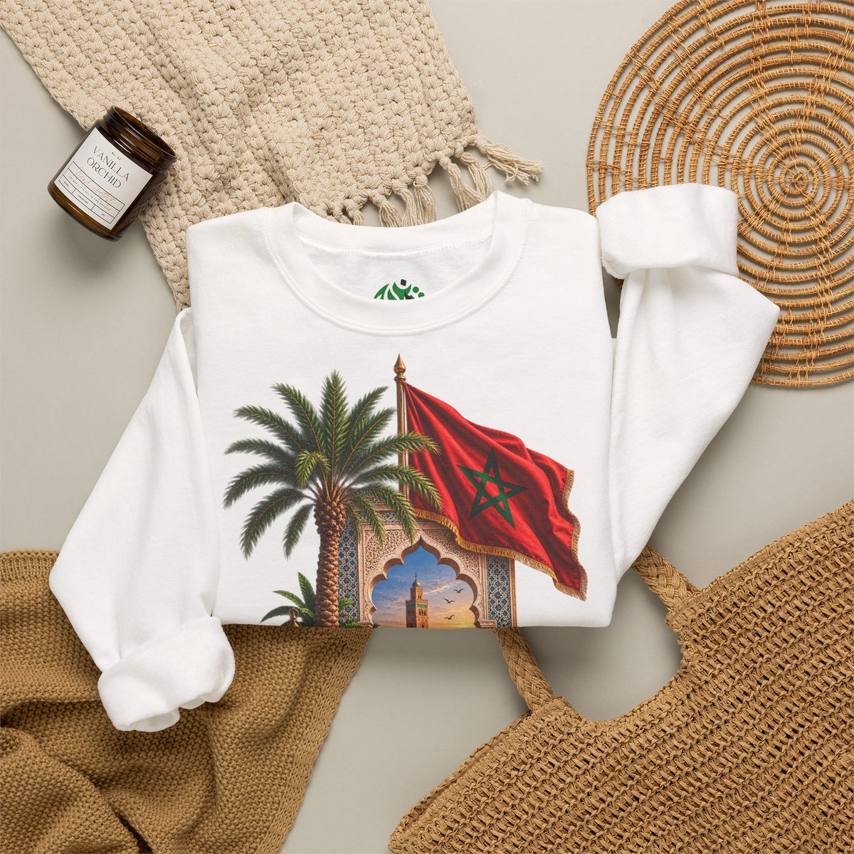 Moroccan Medley Crewneck Sweatshirt — Moroccan Flag & Desert Scene