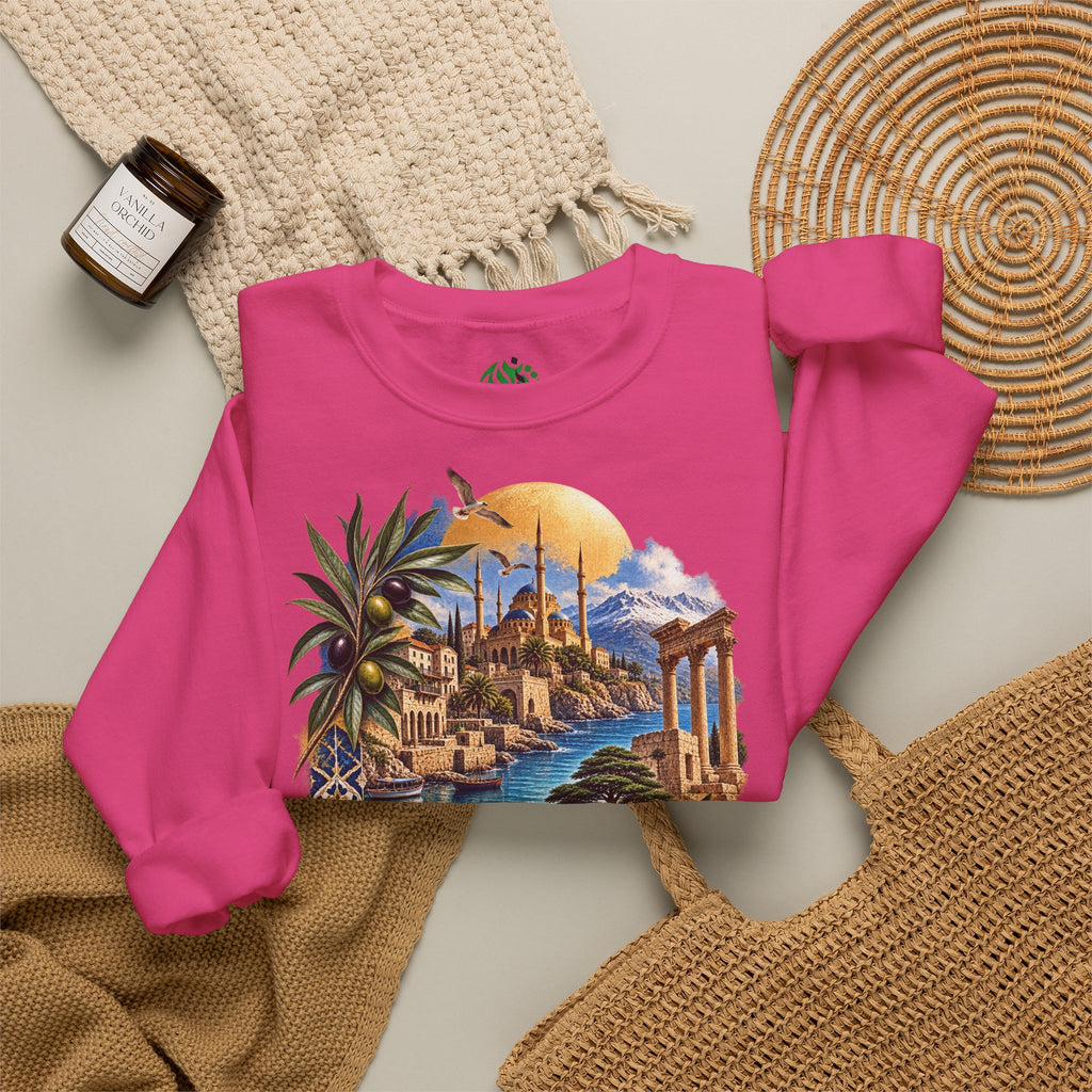 Levant vintage coastal illustration sweatshirt | Arabic script seaside scene