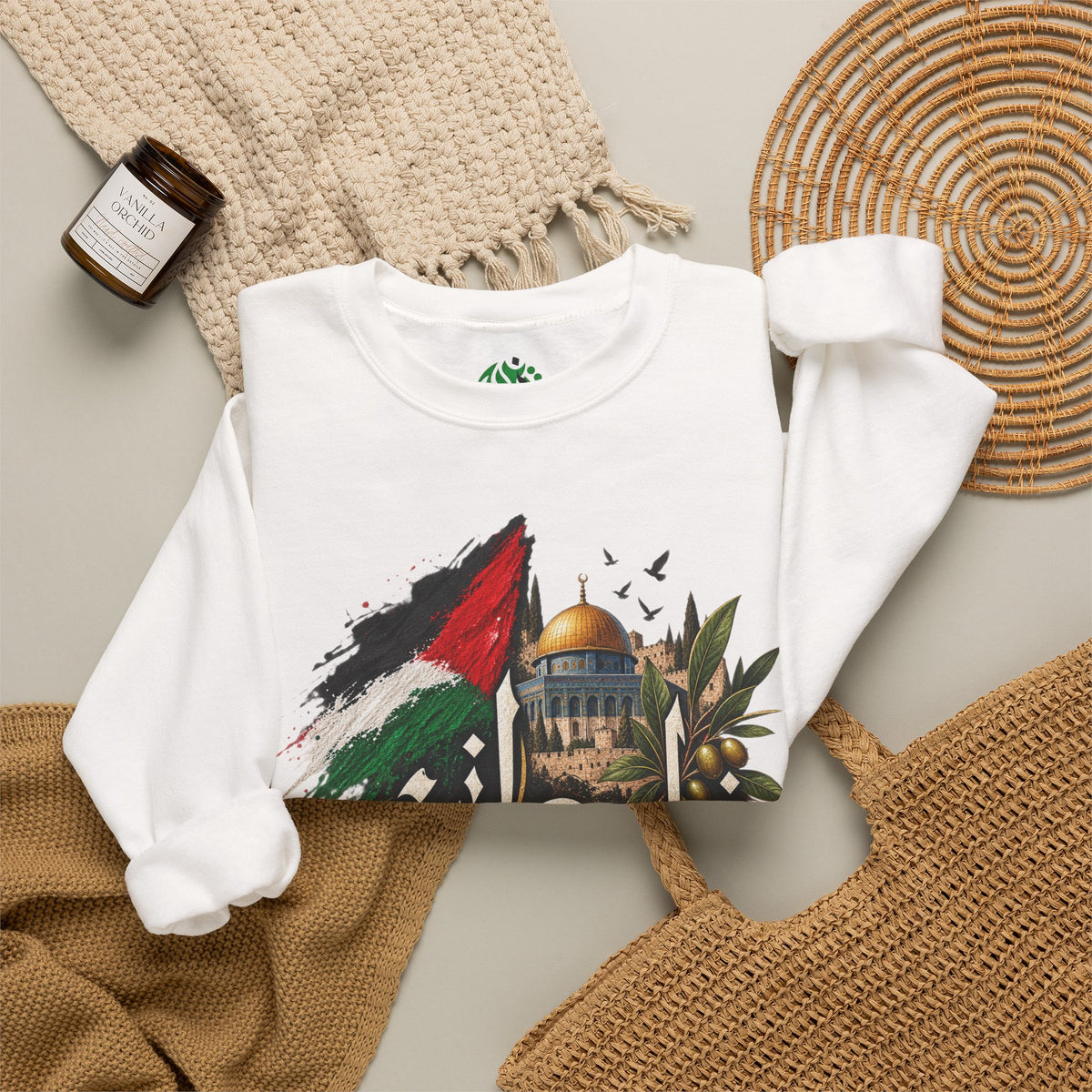 Palestine Dome of the Rock Flag Sweatshirt | Arabic Calligraphy, Olive Branch