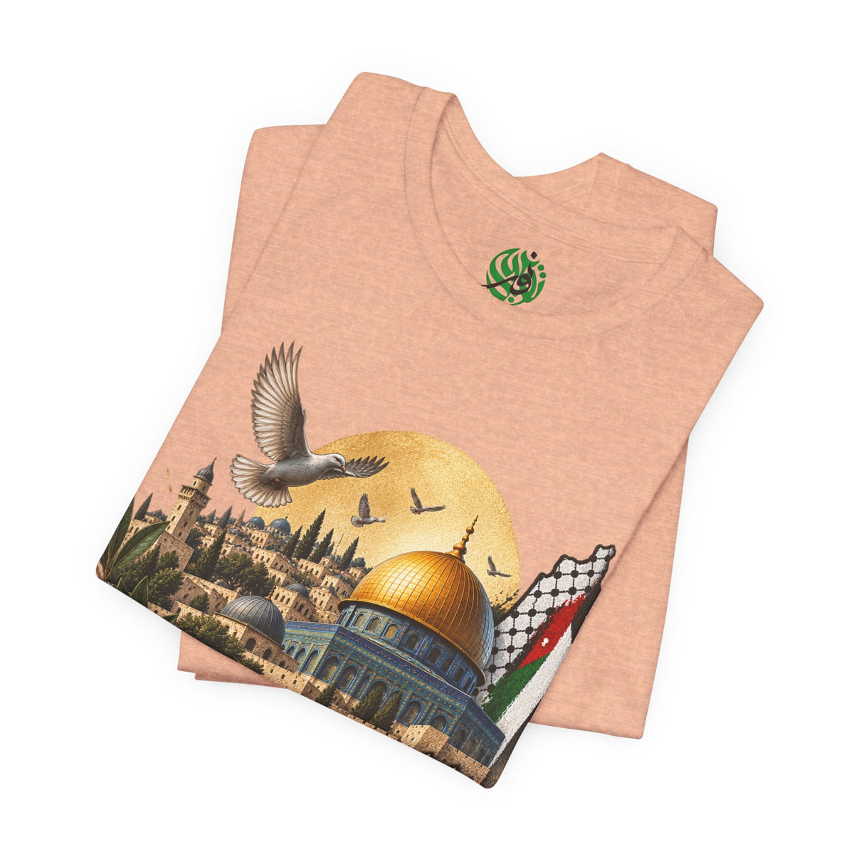 Jerusalem Dome of the Rock T-shirt | Arabic Script, Palestinian Flag, Dove