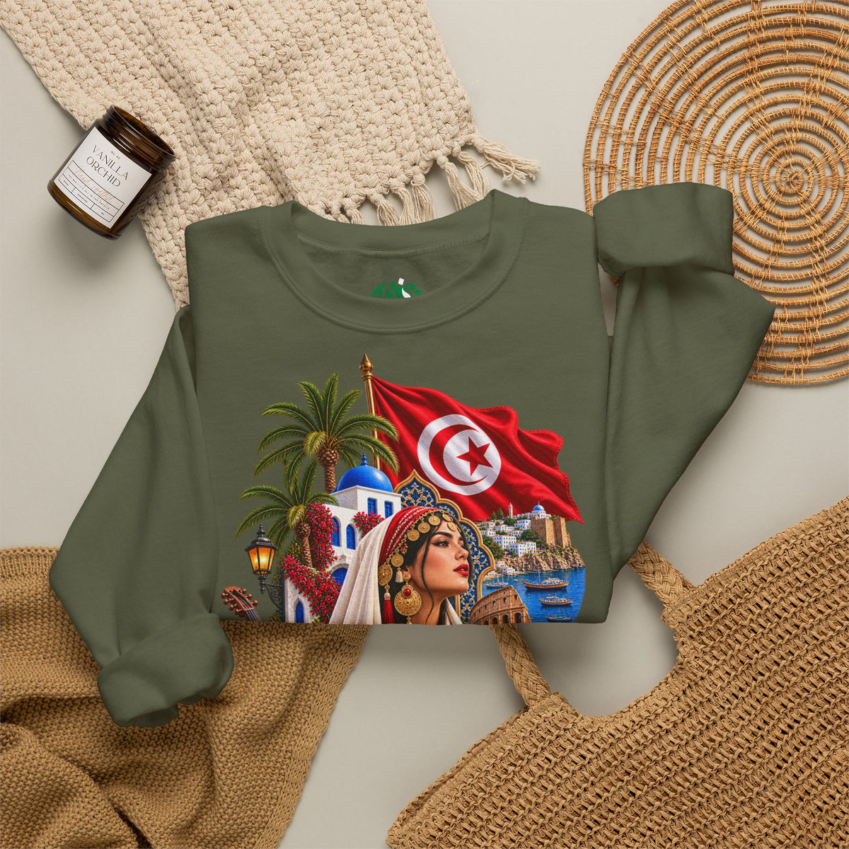 Tunisia Heritage Crewneck Sweatshirt – Tunisian Flag & Cultural Collage