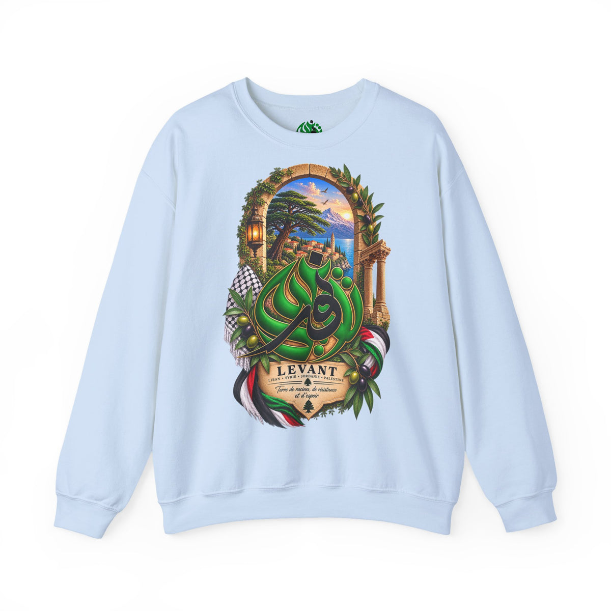 Levant Arabic Calligraphy Crewneck Sweatshirt | Scenic Mediterranean Artwork