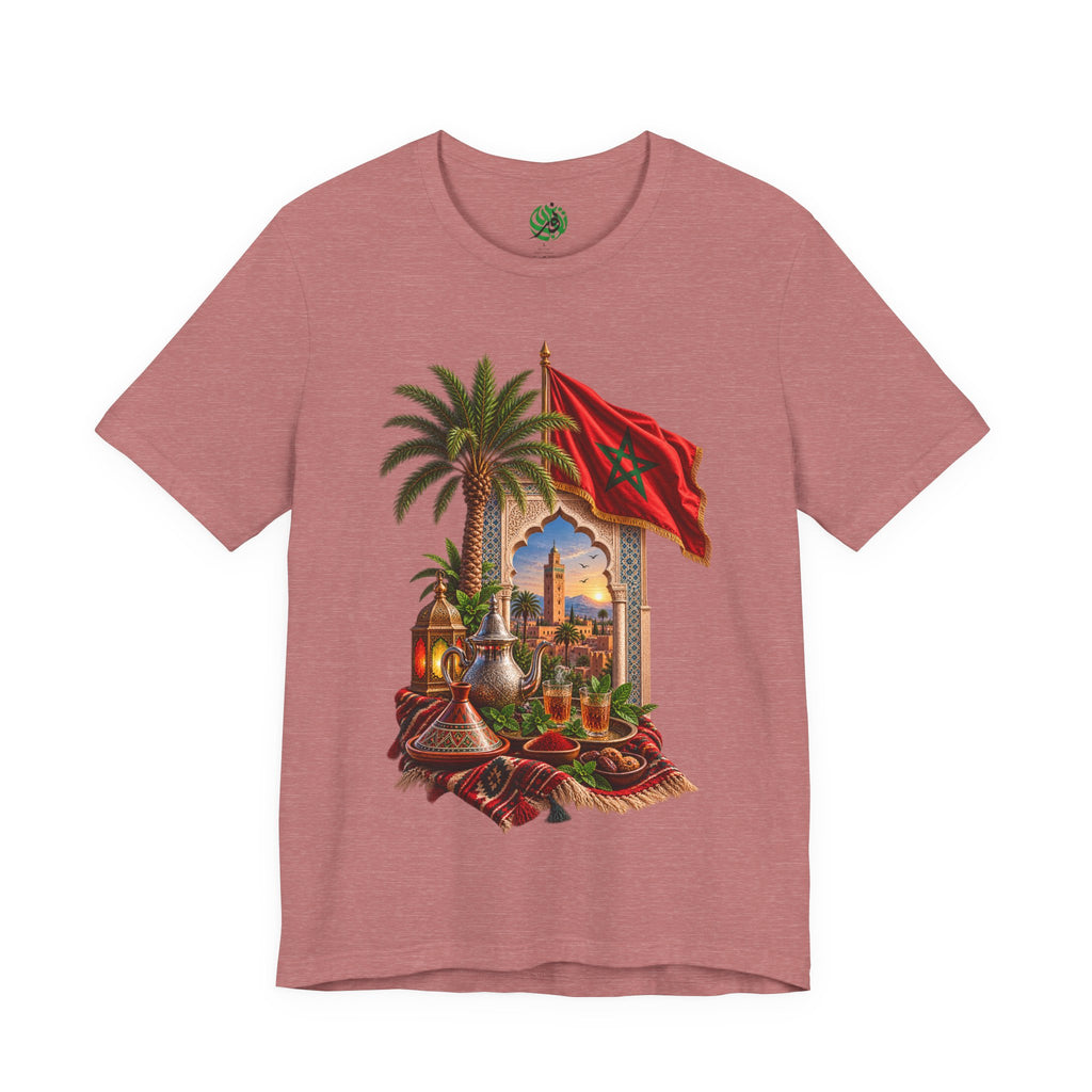 Moroccan Flag Medina Scene T-Shirt | Palm Tree, Lanterns, Tea Set