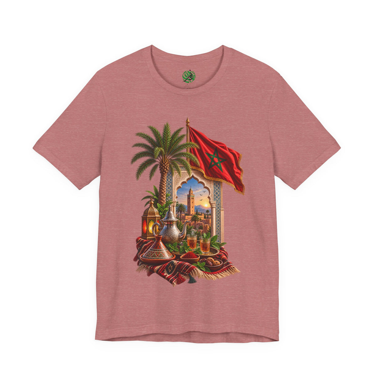 Moroccan Flag Medina Scene T-Shirt | Palm Tree, Lanterns, Tea Set