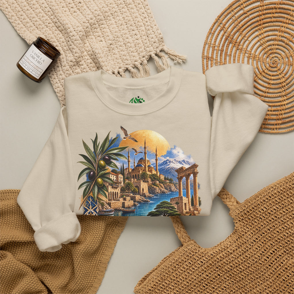 Levant vintage coastal illustration sweatshirt | Arabic script seaside scene