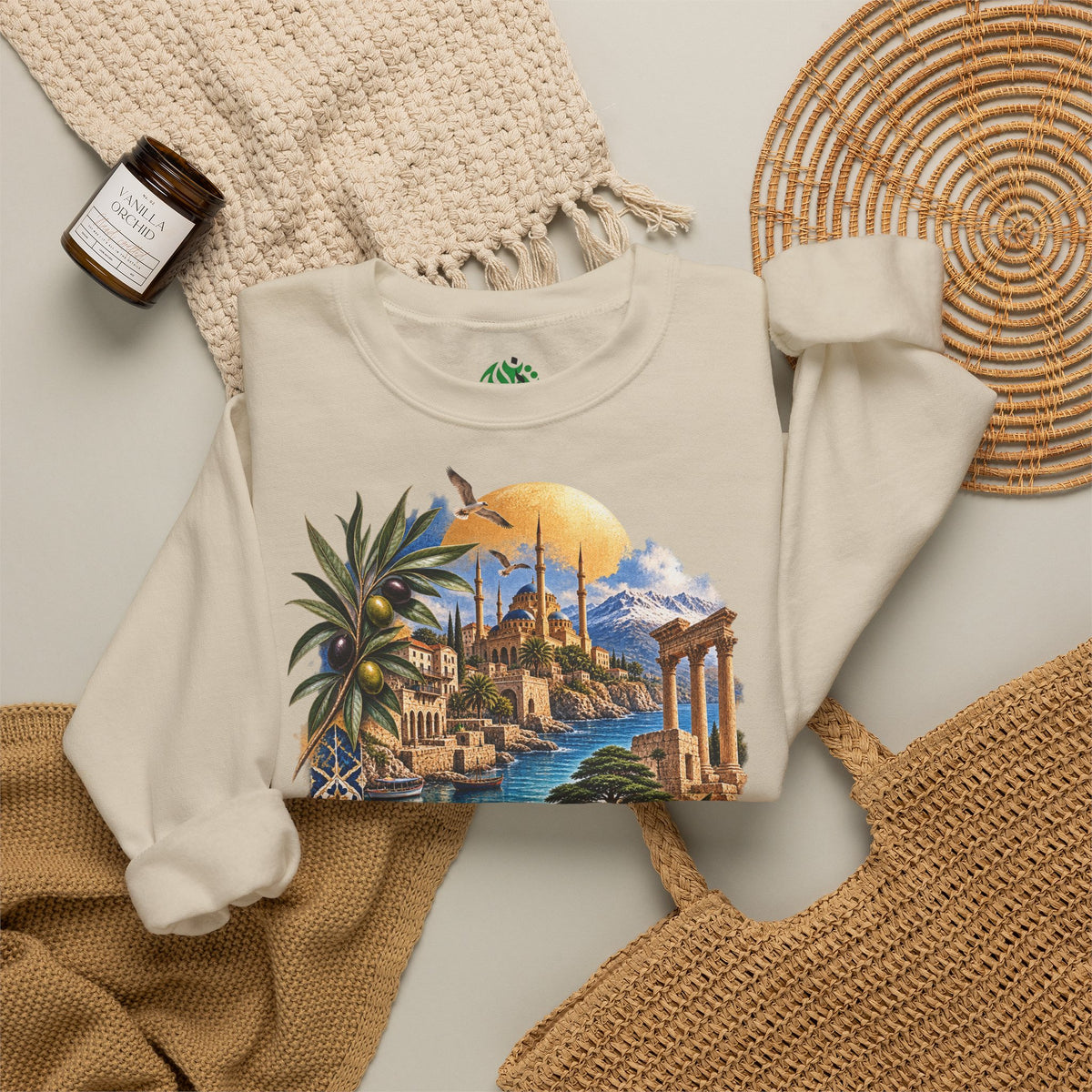 Levant vintage coastal illustration sweatshirt | Arabic script seaside scene
