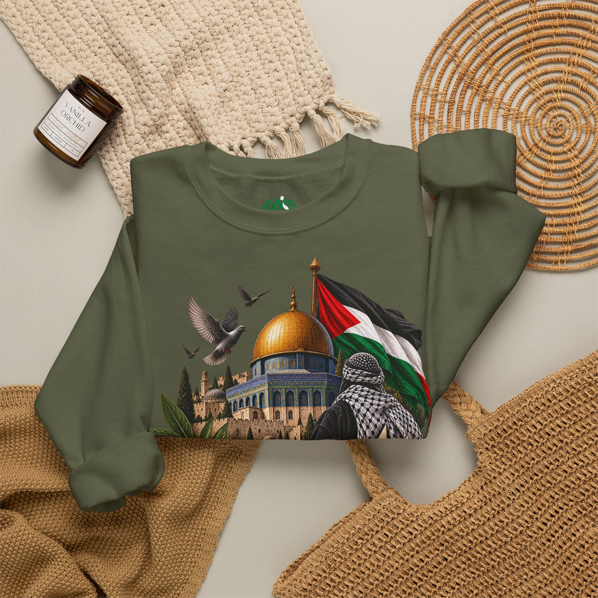 Palestine Dome of the Rock Sweatshirt — Solidarity Crewneck with Keffiyeh & Olive Branch Design