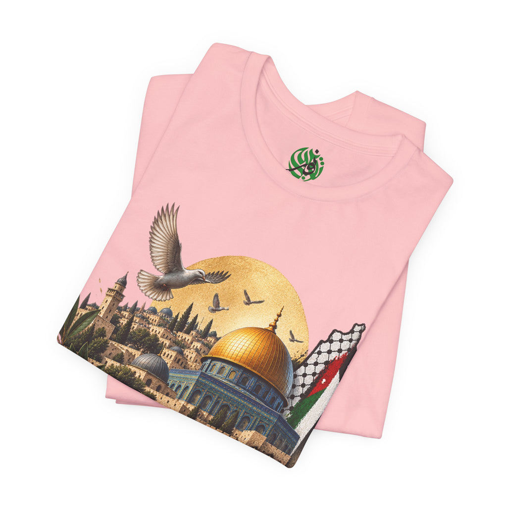 Jerusalem Dome of the Rock T-shirt | Arabic Script, Palestinian Flag, Dove
