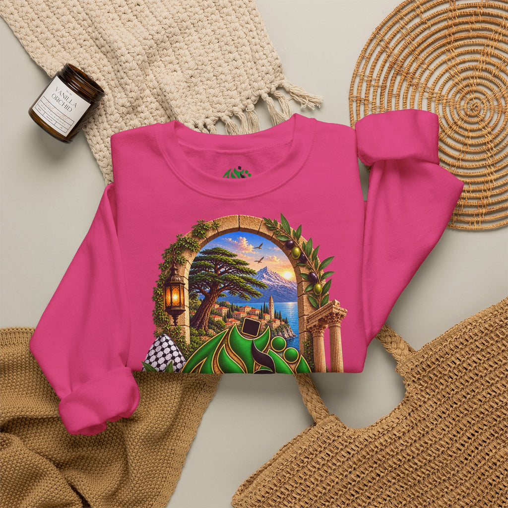 Levant Arabic Calligraphy Crewneck Sweatshirt | Scenic Mediterranean Artwork