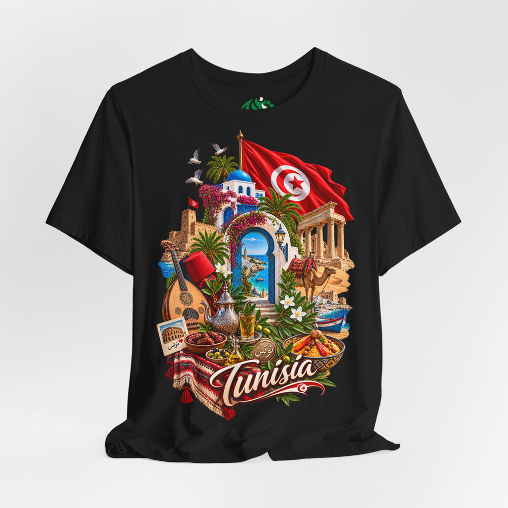 Tunisia travel collage T-Shirt | Tunis flag, medina, guitar, palm trees