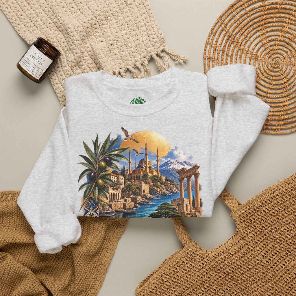 Levant vintage coastal illustration sweatshirt | Arabic script seaside scene