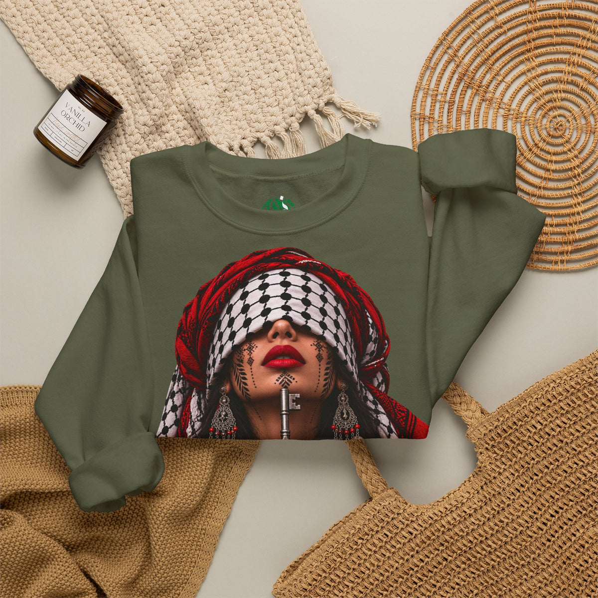Sweatshirt graphique femme Keffieh palestinien — Pull col rond portrait de résilience