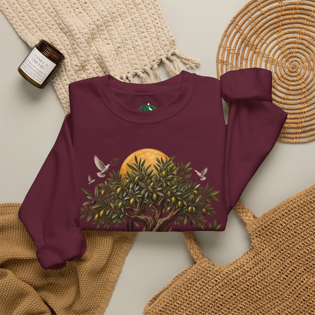 Sweat-shirt illustration Olivier | Calligraphie palestinienne, soleil et oiseaux