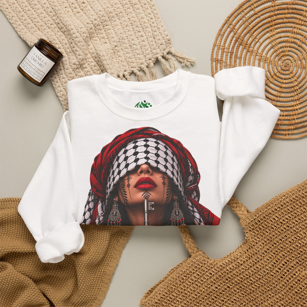 Sweatshirt graphique femme Keffieh palestinien — Pull col rond portrait de résilience