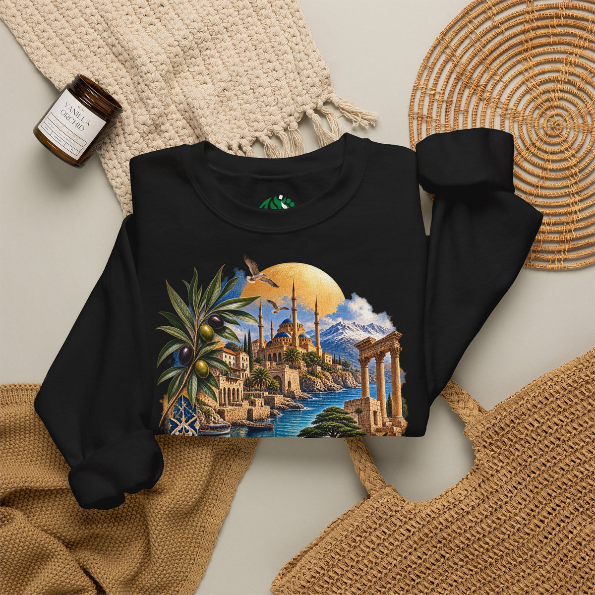 Levant vintage coastal illustration Sweatshirt | Arabic script seaside scene