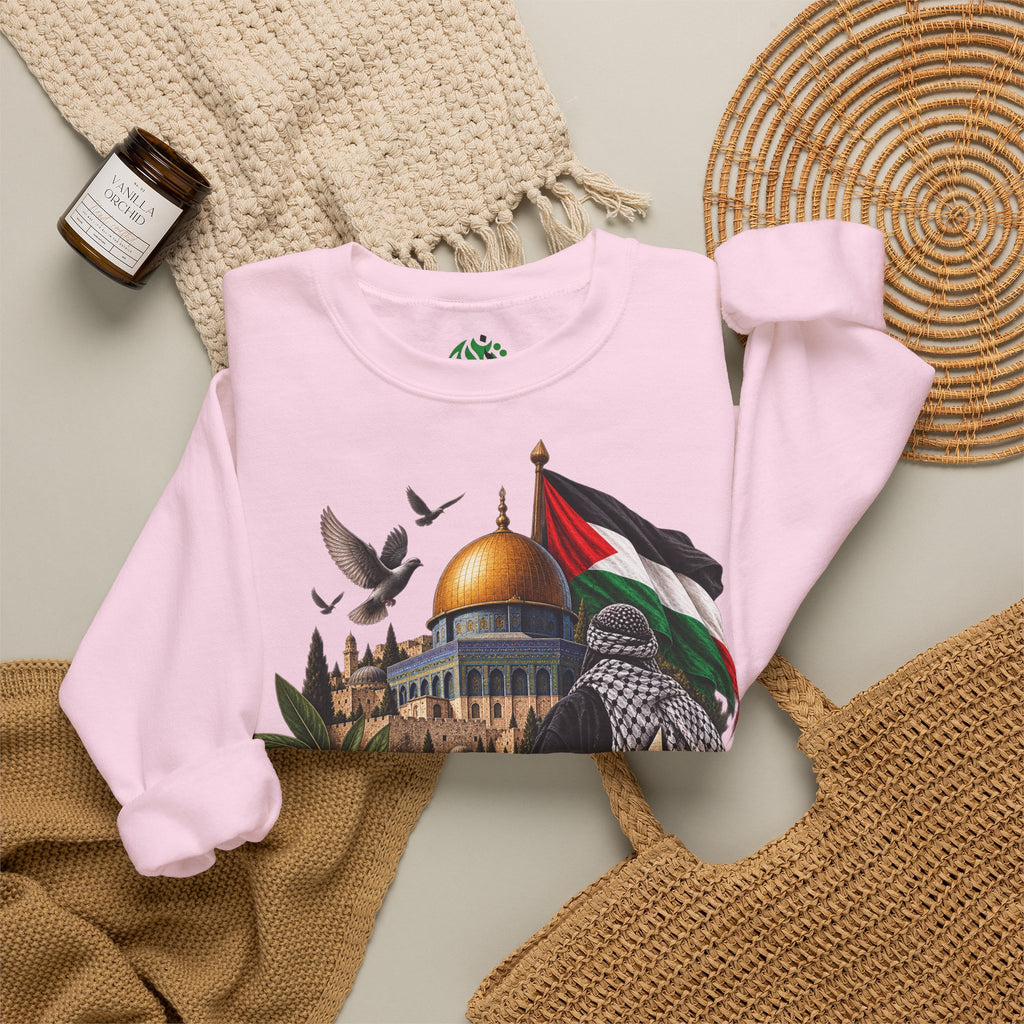 Palestine Dome of the Rock Sweatshirt — Solidarity Crewneck with Keffiyeh & Olive Branch Design