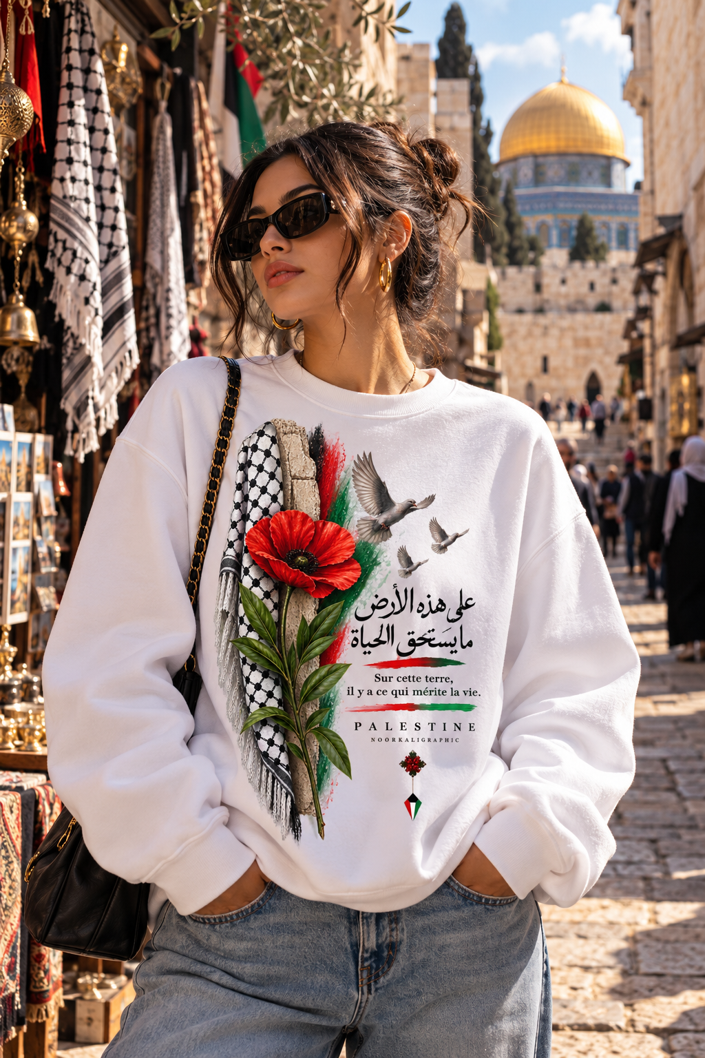 Coquelicot keffieh Palestine sweatshirt blanc — Darwich, Jérusalem, Dôme du Rocher | NoorKaligraphic