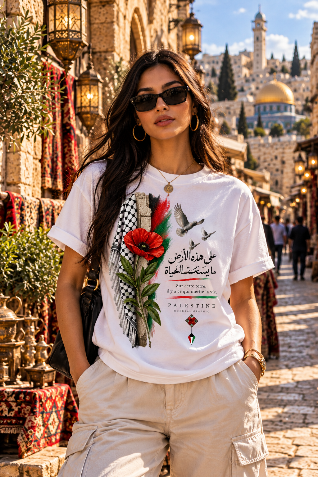 Coquelicot keffieh Palestine T-shirt blanc — Darwich, Jérusalem, Dôme du Rocher | NoorKaligraphic
