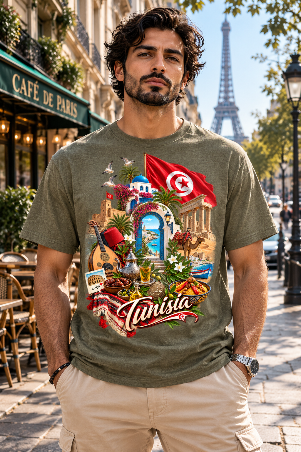 Tunisia travel collage T-Shirt | Tunis flag, medina, guitar, palm trees